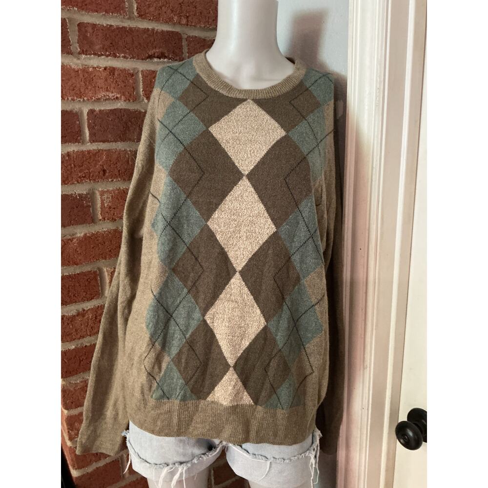 Vintage Argyle Sweater Neutral Brown & Sage Green Knit Pullover Academia Bookish